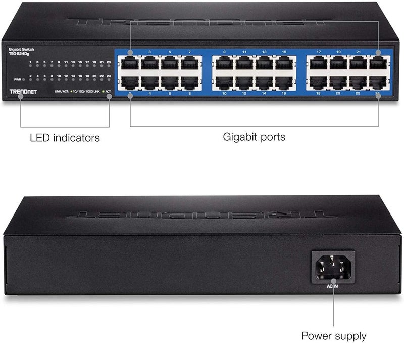 Trendnet 24-Port Unmanaged Gigabit GREENnet Desktop Switch, Ethernet Network Switch, 24 x 10-100-1000 Gigabit Ethernet RJ-45 Ports, 48Gbps Switching Capacity, Lifetime Protection, Black, TEG-S24DG - Image 4